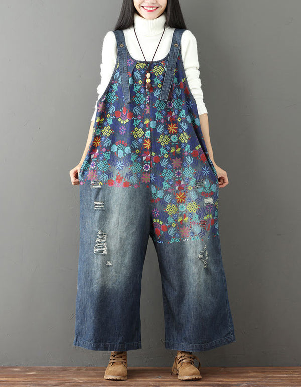 Floral Printed Loose Casual Wide-Leg Denim Jumpsuit