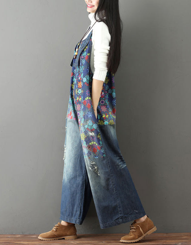 Boho Loose Fit Wide-Leg Denim Overalls