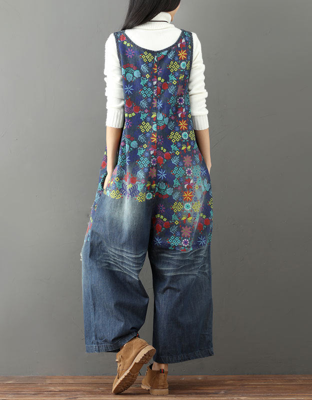 Boho Loose Fit Wide-Leg Denim Overalls