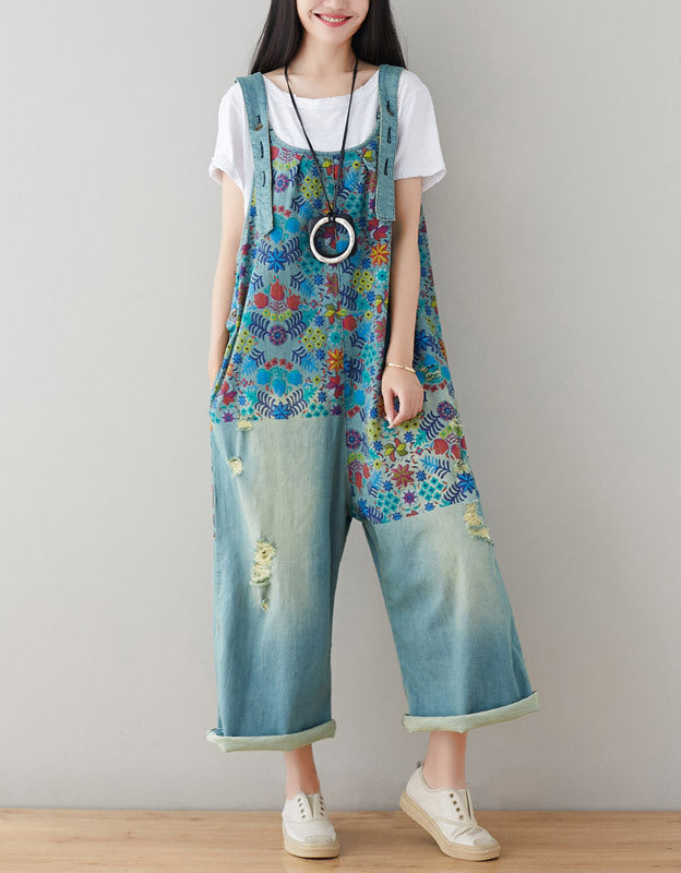 Boho Loose Fit Wide-Leg Denim Overalls