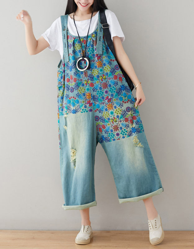 Boho Loose Fit Wide-Leg Denim Overalls