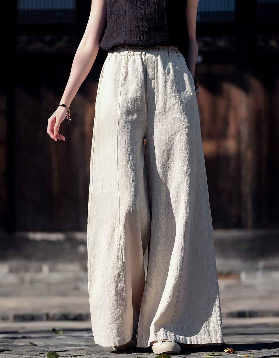 Boho Loose Fit Wide-Leg Palazzo Ramie Linen Pants