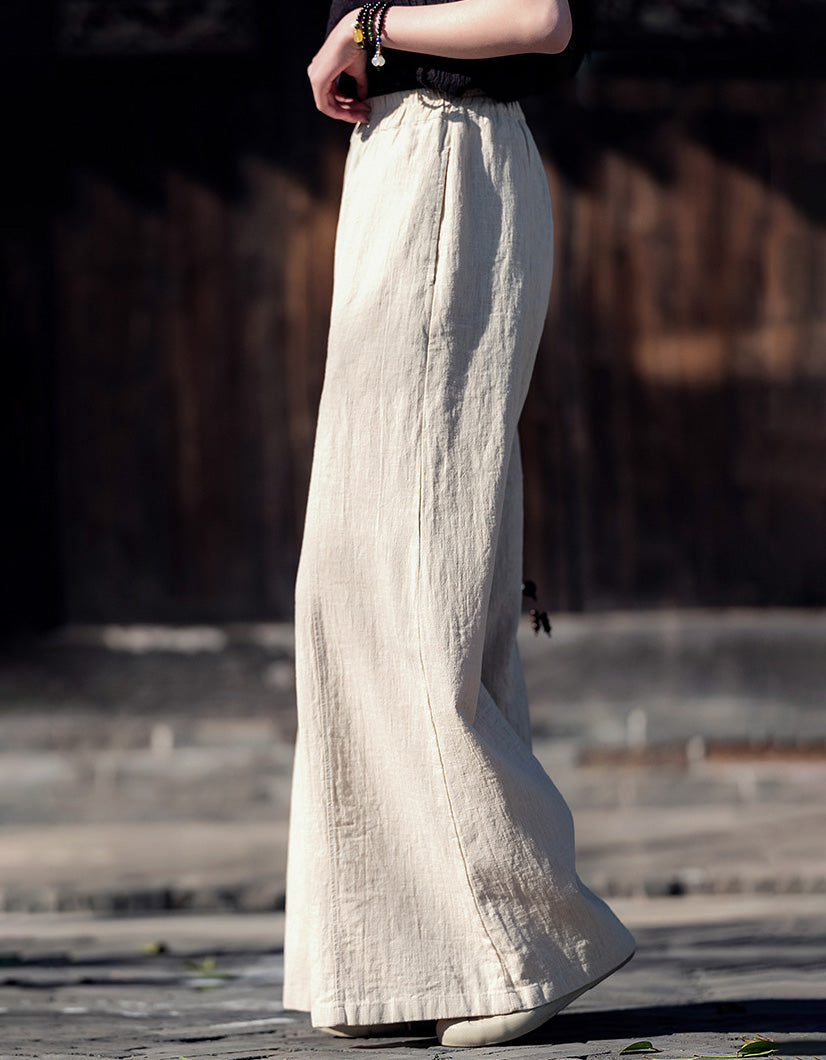 Boho Loose Fit Wide-Leg Palazzo Ramie Linen Pants