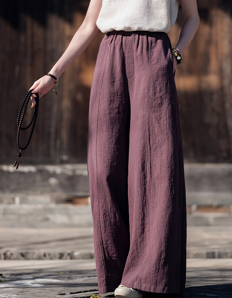 Boho Loose Fit Wide-Leg Palazzo Ramie Linen Pants