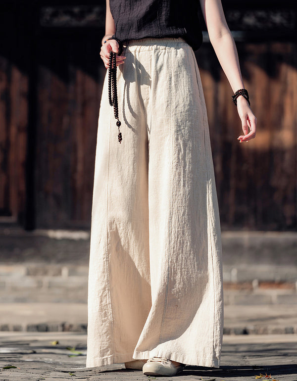 Boho Loose Fit Wide-Leg Palazzo Ramie Linen Pants
