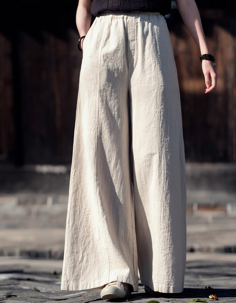Boho Loose Fit Wide-Leg Palazzo Ramie Linen Pants