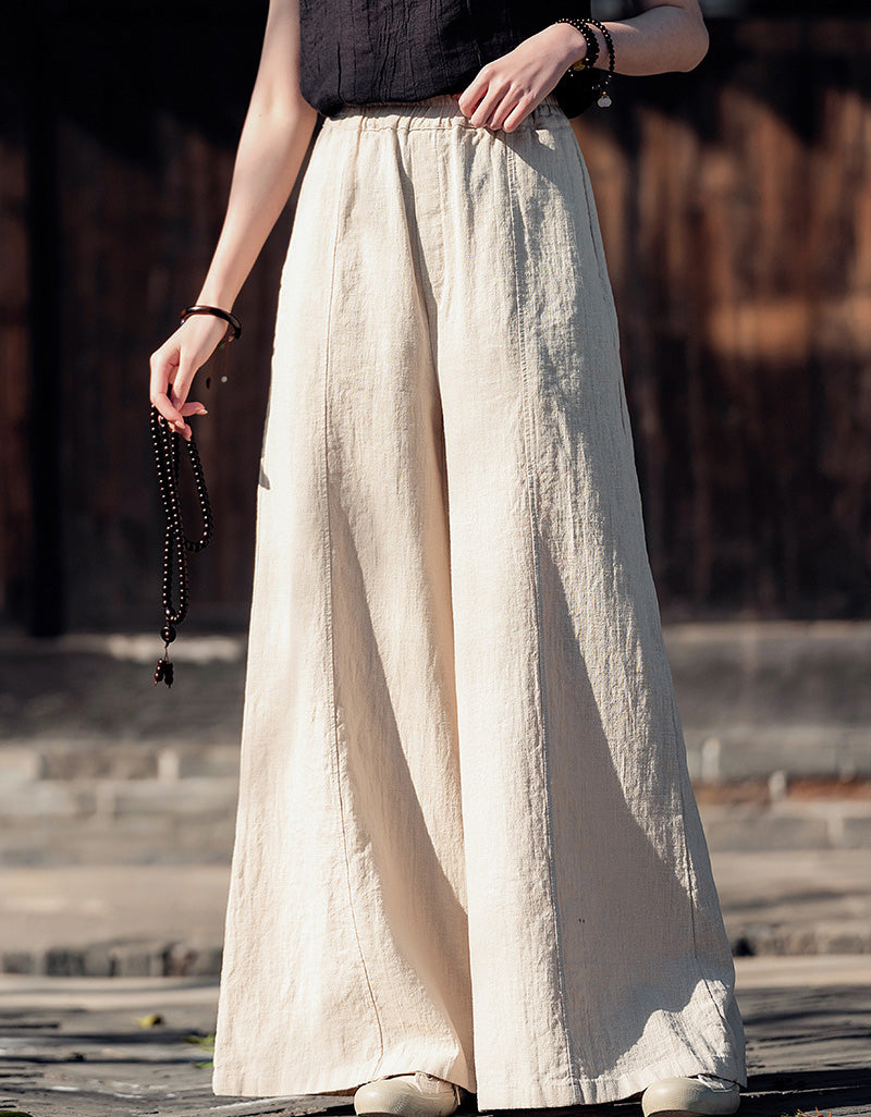 Boho Loose Fit Wide-Leg Palazzo Ramie Linen Pants