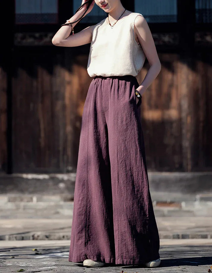 Boho Loose Fit Wide-Leg Palazzo Ramie Linen Pants – Islinen