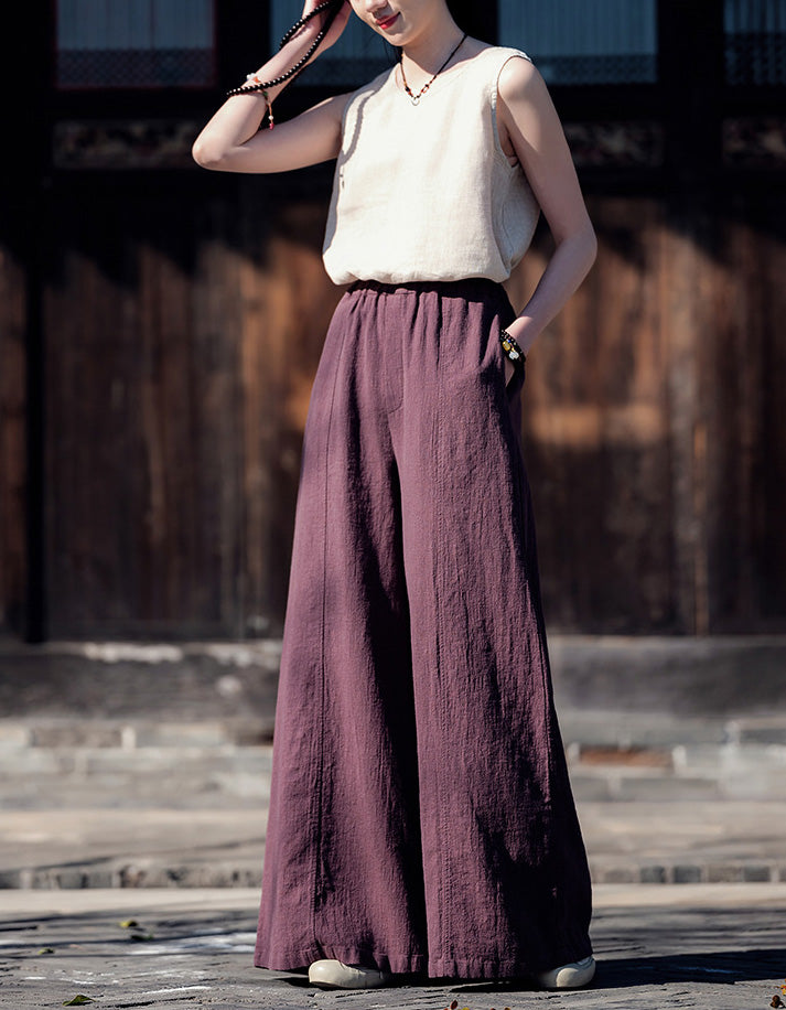 Boho Loose Fit Wide-Leg Palazzo Ramie Linen Pants