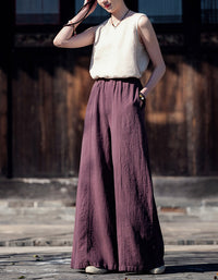 Boho Loose Fit Wide-Leg Palazzo Ramie Linen Pants