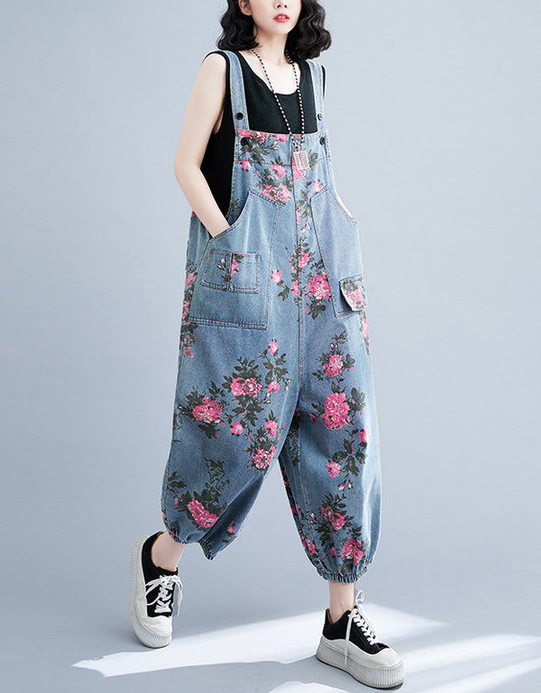 Boho Style Floral Pattern Denim Jumpsuit