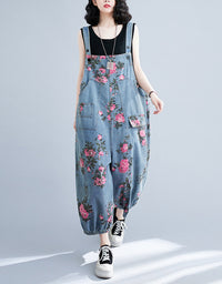 Boho Style Floral Pattern Denim Jumpsuit