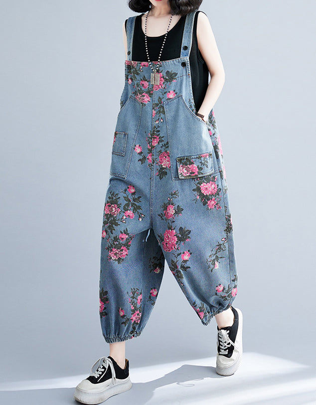 Boho Style Floral Pattern Denim Jumpsuit