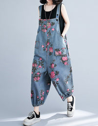 Boho Style Floral Pattern Denim Jumpsuit