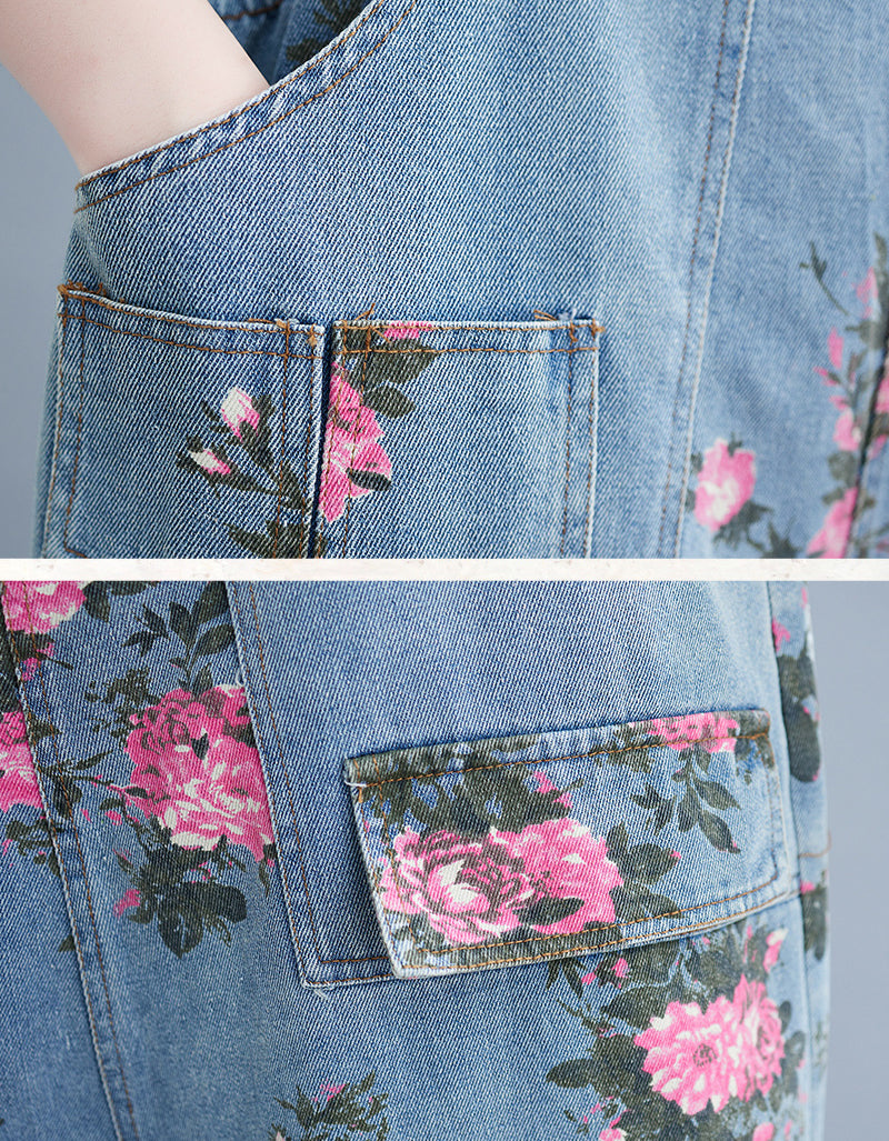 Boho Style Floral Pattern Denim Jumpsuit