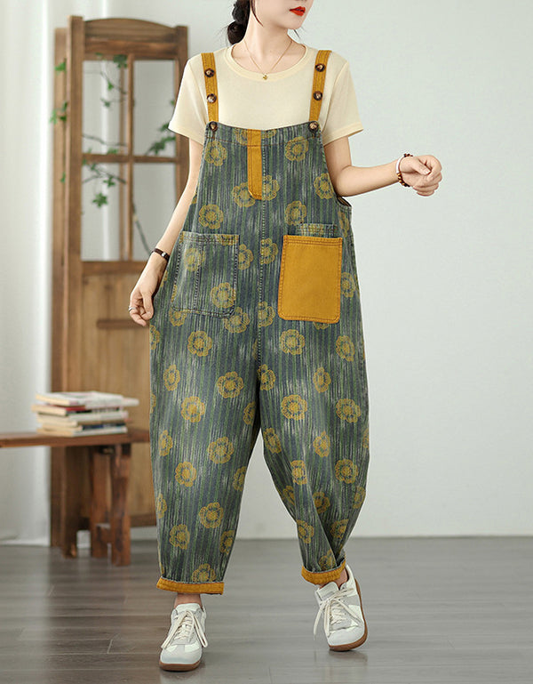 Boho Yellow Flower Pattern Denim Jumpsuit