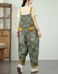 Boho Yellow Flower Pattern Denim Jumpsuit