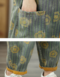 Boho Yellow Flower Pattern Denim Jumpsuit