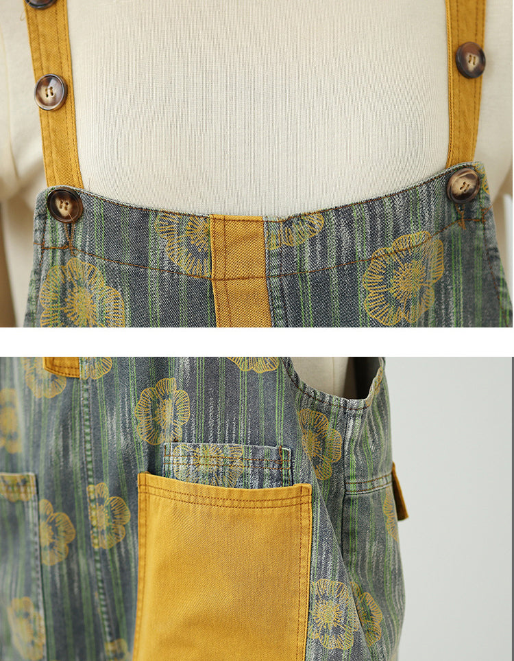 Boho Yellow Flower Pattern Denim Jumpsuit