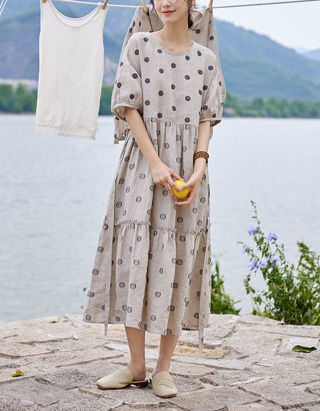 Breathable Polka Dot Puff Sleeve Linen Dress