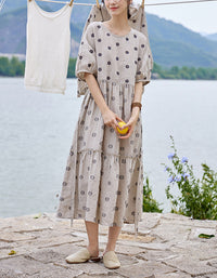 Breathable Polka Dot Puff Sleeve Linen Dress