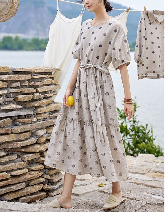 Breathable Polka Dot Puff Sleeve Linen Dress