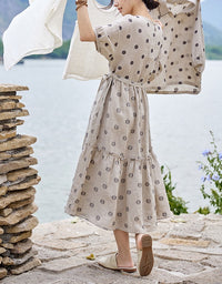 Breathable Polka Dot Puff Sleeve Linen Dress
