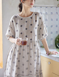 Breathable Polka Dot Puff Sleeve Linen Dress
