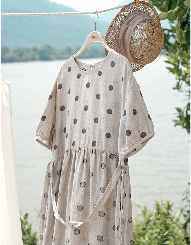 Breathable Polka Dot Puff Sleeve Linen Dress