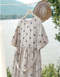 Breathable Polka Dot Puff Sleeve Linen Dress