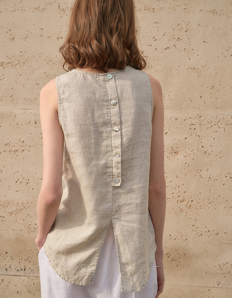 Button-back Slits Sleeveless Linen Vest