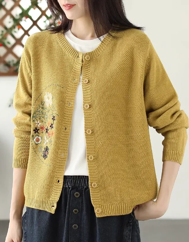 Casual Artsy Embroidery Knitted O-Neck Sweater