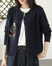 Casual Artsy Embroidery Knitted O-Neck Sweater