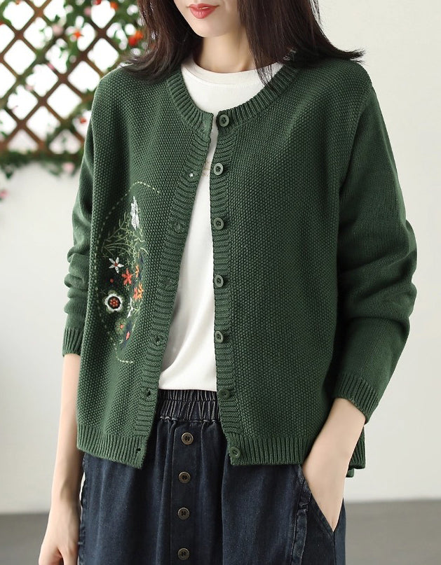 Casual Artsy Embroidery Knitted O-Neck Sweater