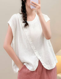 Minimalist Cotton Linen Tank Top for Women – Relaxed Button Front Blouse