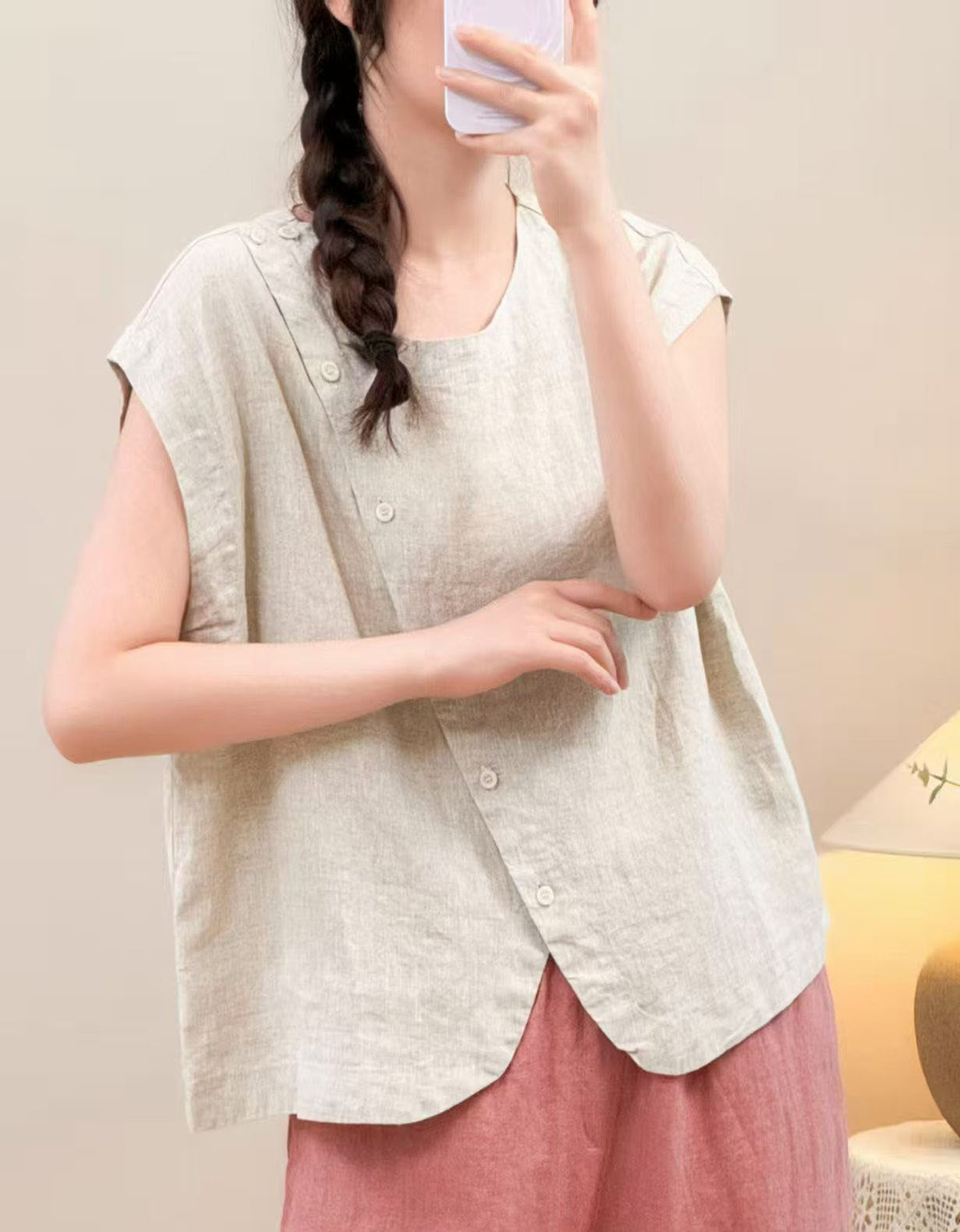 Women’s Casual Sleeveless Linen Shirt – Loose Fit Button Up Summer Tunic