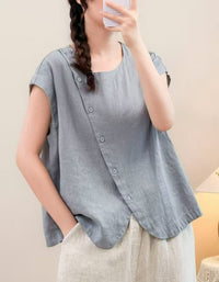 Japanese Style Linen Blouse for Women – Lightweight Sleeveless Casual Top