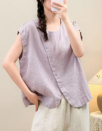 Women’s Oversized Cotton Linen Top – Relaxed Sleeveless Button Shirt