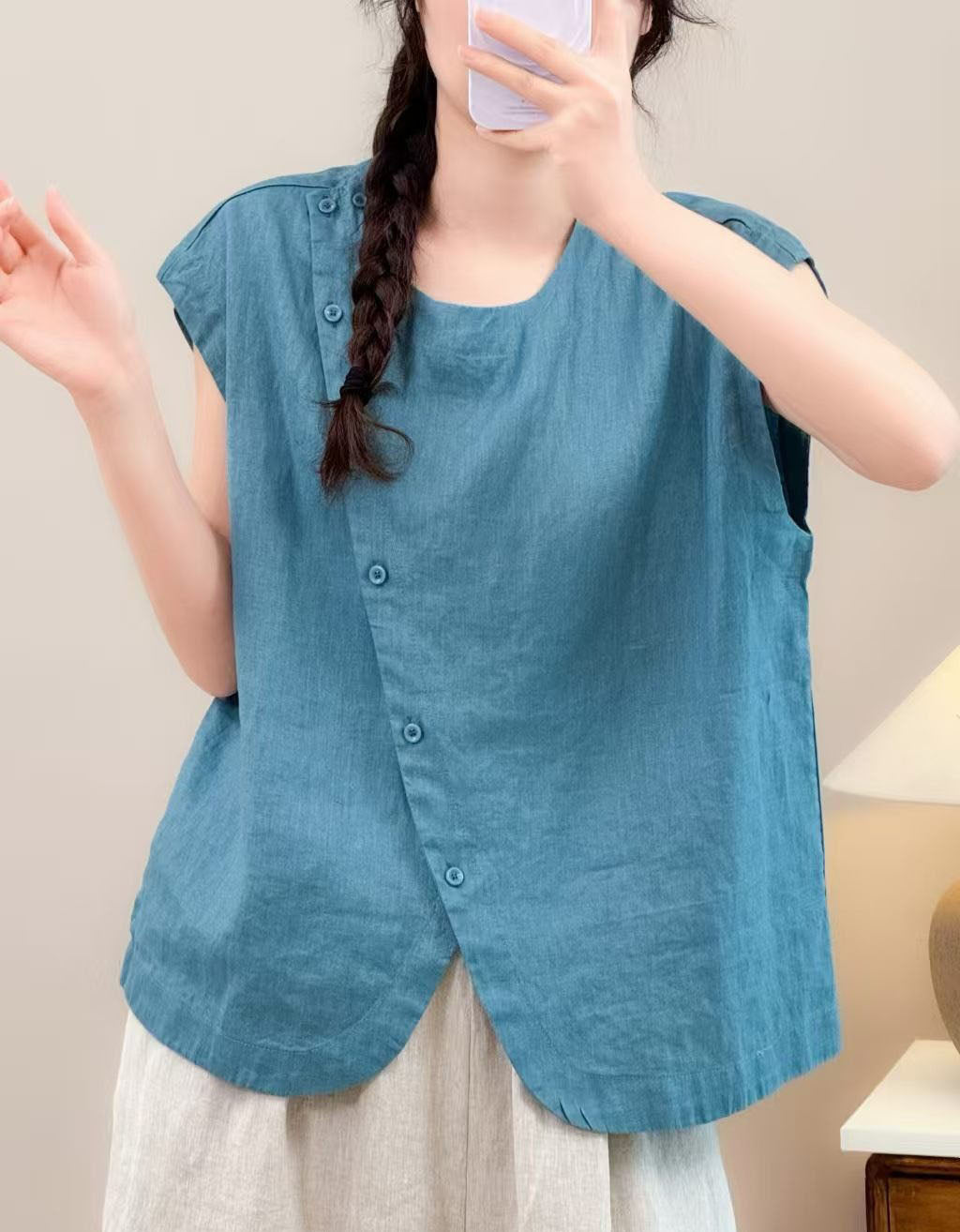 Casual Blue Linen Tank Blouse – Women’s Breathable Summer Button Top