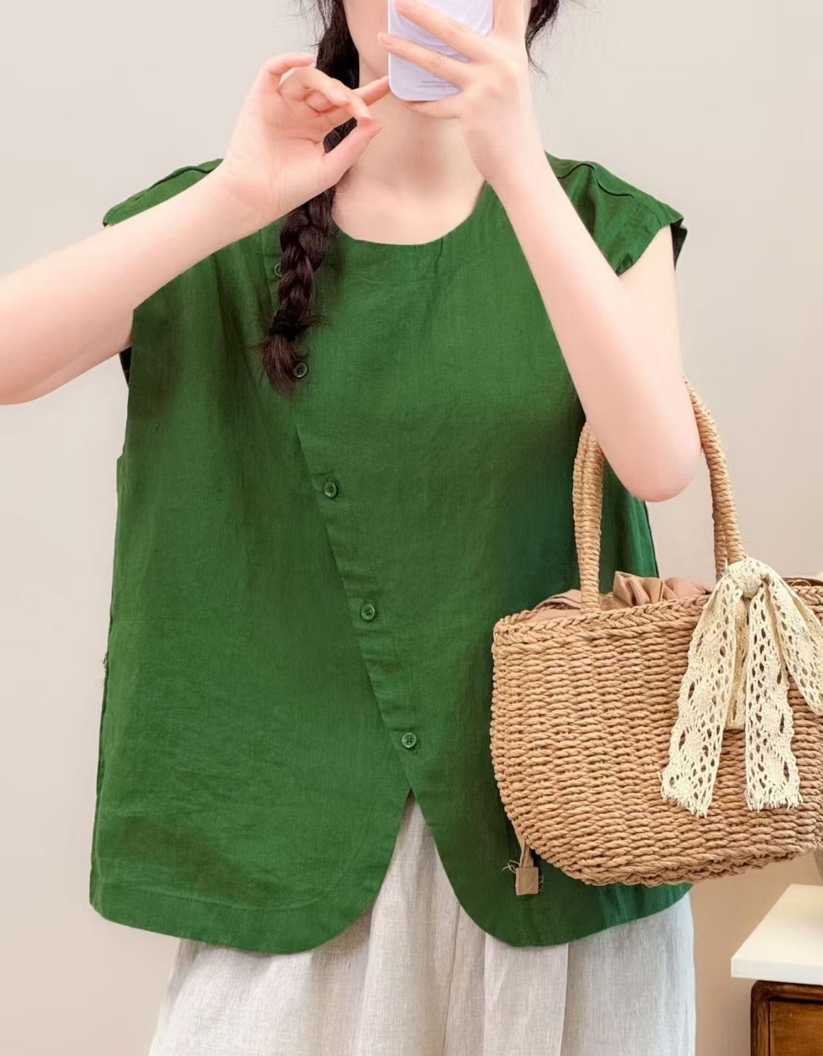 Women’s Casual Cotton Linen Sleeveless Blouse – Loose Fit Button Front Summer Top