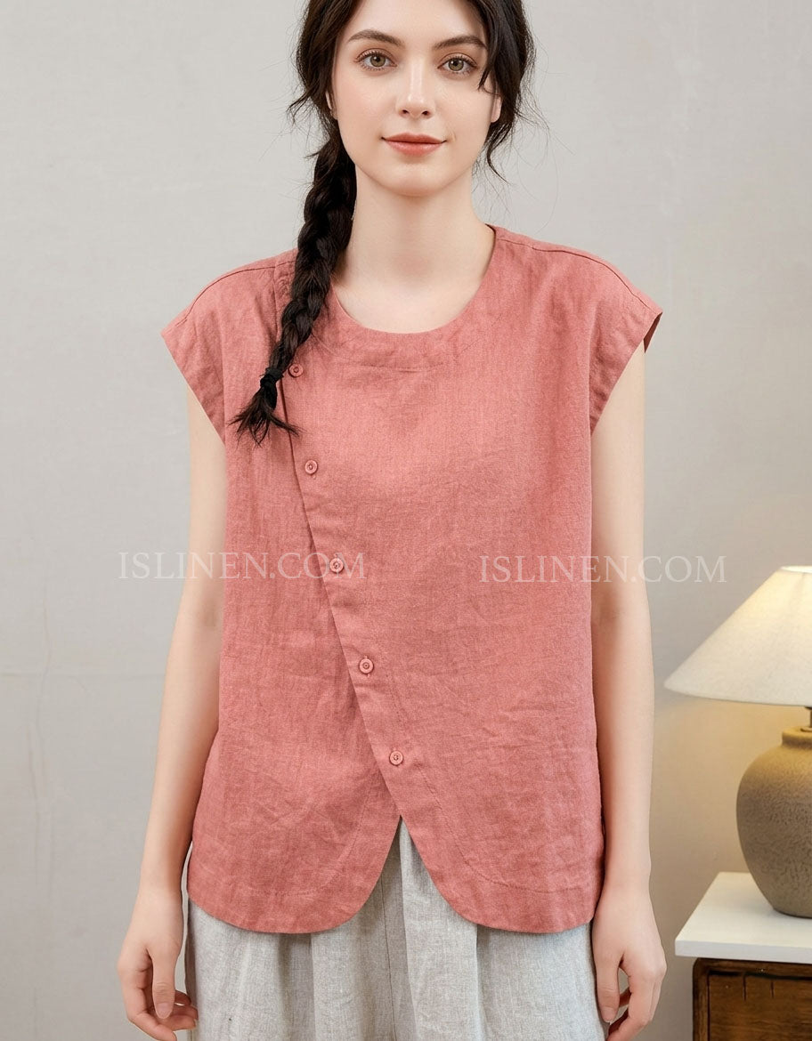 Women’s Linen Sleeveless Button Blouse – Casual Loose Fit Summer Top