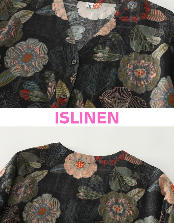 Close‑up of V neck and buttons on black floral print blouse with muted red and green flowers