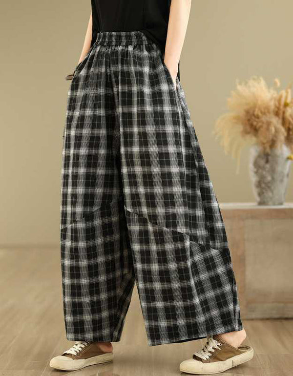 Casual Black Plaid Cotton Linen Wide Leg Pants