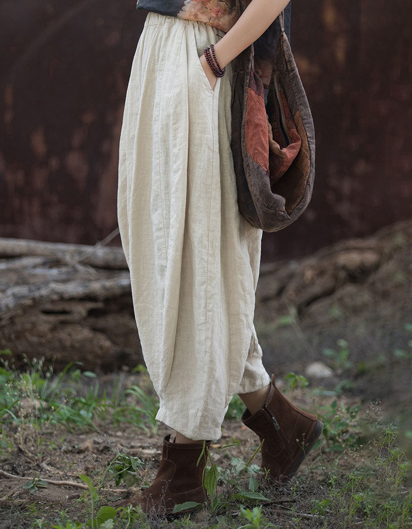 Oversized Boho Elastic Waist Linen Tapered Pants