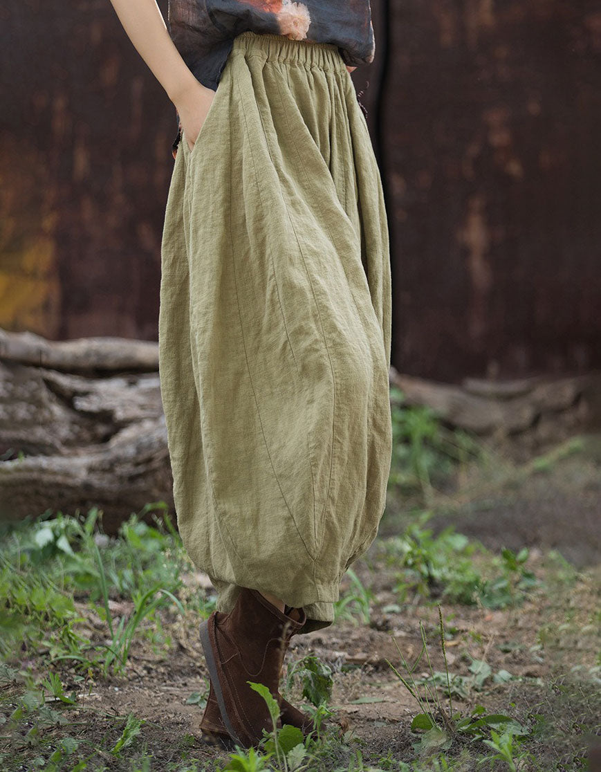 Boho cotton linen lantern pants in earthy brown color