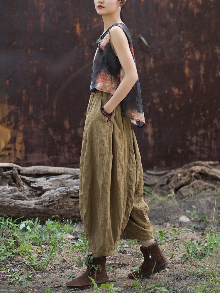 Women's Cottagecore Linen Lantern Pants with Pockets
