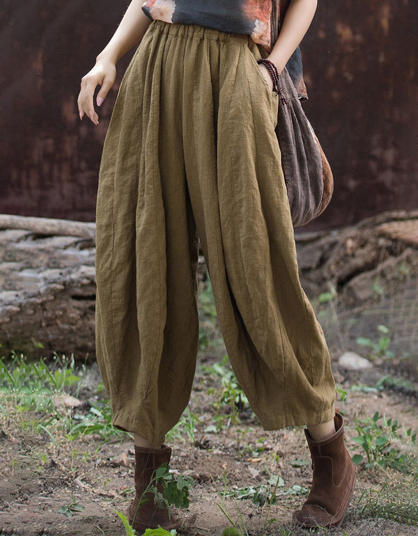 Women's Vintage Linen Harem Pants Elastic Waist Fit