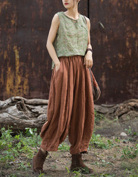 Relaxed Elastic Waist Vintage Linen Baggy Pants Women