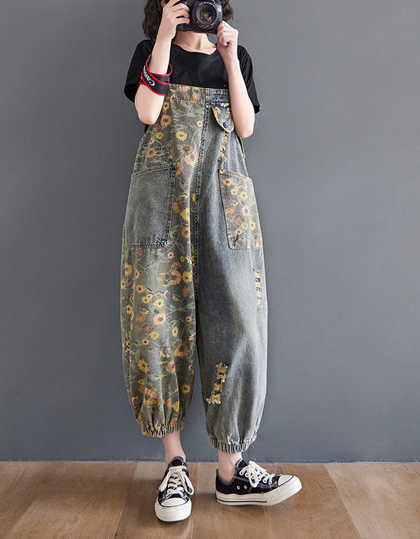 Casual Boho Floral Patchwork Denim Jumpsuit