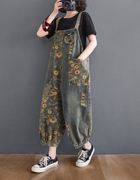 Casual Boho Floral Patchwork Denim Jumpsuit